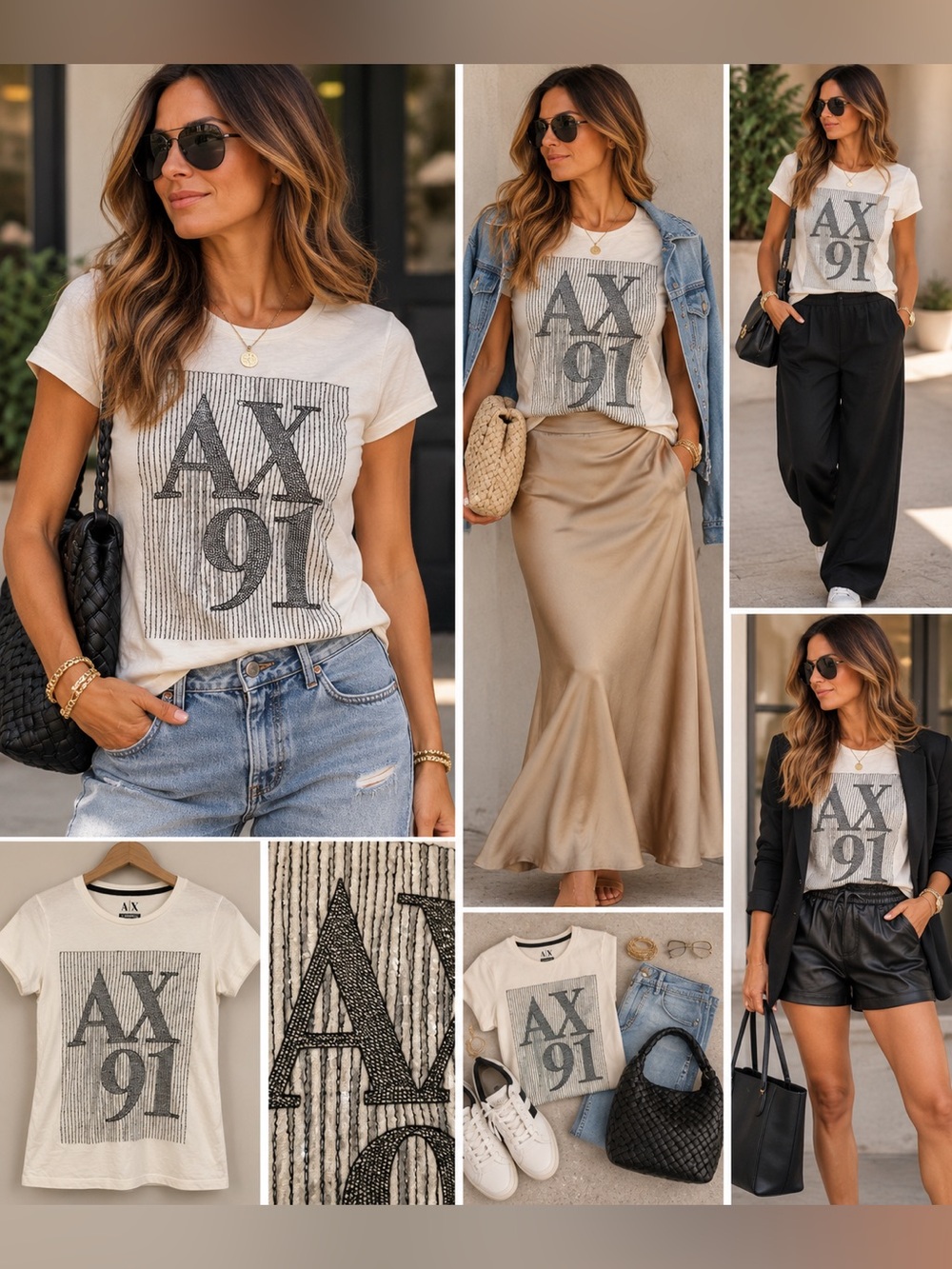 Armani Exchange AX Sequin Logo Graphic T-Shirt White & Black Medium